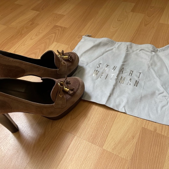 STUART WEITZMAN TASSUP SUEDE STACKED HEEL PLATFORM TASSELED LOAFER IN HAZE Sz8.5 - Picture 6 of 10